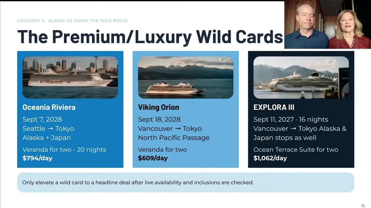 Slide comparing Oceania Riviera, Viking Orion, and EXPLORA III itineraries and daily fares